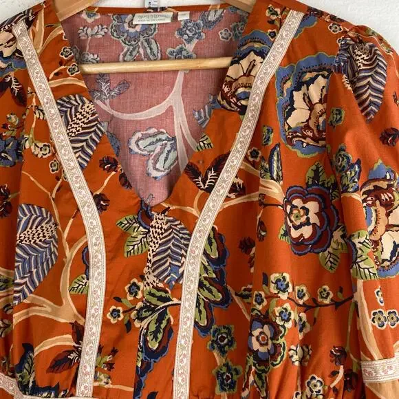 Spartina 449 Marcelle Blouse Floral Tree of Life Tomato Orange Size Medium Top - Picture 9 of 15